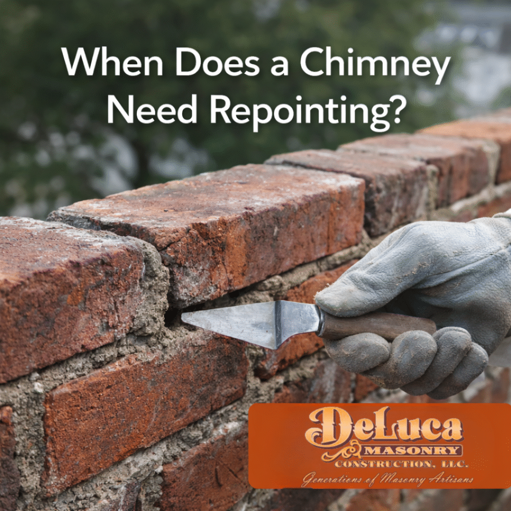 DeLuca Masonry Construction LLC graphic titled “When Does a Chimney Need Repointing?” showing a close-up of a brick chimney with worn mortar while a gloved hand uses a masonry tool to repair the joints, with DeLuca branding in the lower corner.